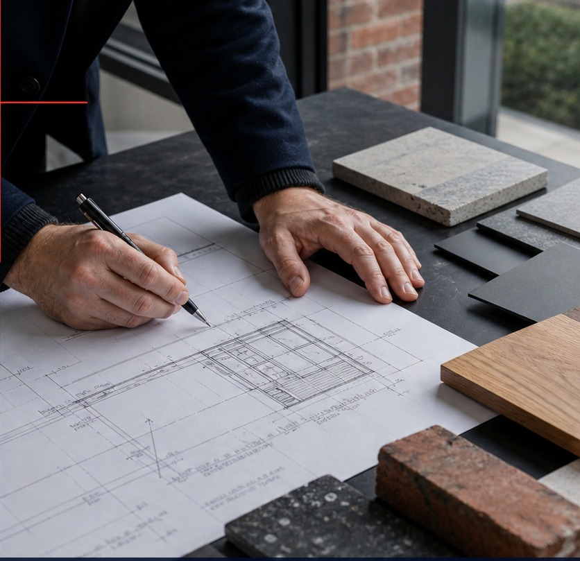 Construction professional reviewing architectural drawings and material samples