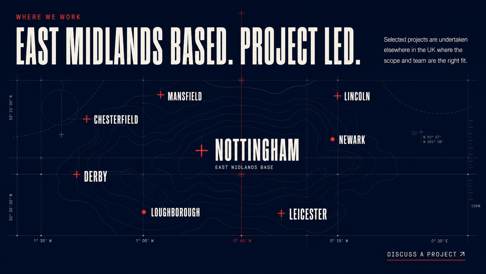 East Midlands coverage map showing Nottingham, Derby, Leicester, Lincoln, Mansfield, Newark, Chesterfield and Loughborough